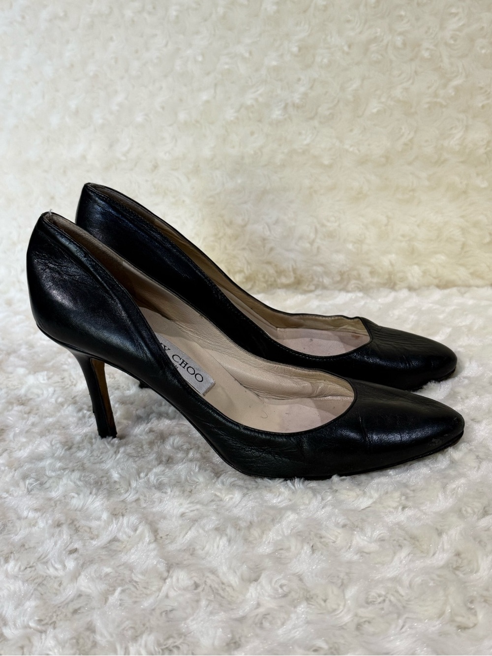 Jimmy Choo Black Leather Pointed Toe Stiletto Pumps, sz 37
